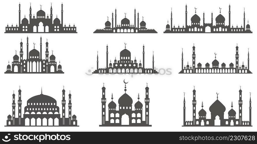 Mosque with minarets silhouettes. Islamic architecture set on skyline. Istanbul cityscape isolated on white background. Mosque with minarets silhouettes. Islamic architecture set on skyline. Istanbul cityscape isolated on white background.