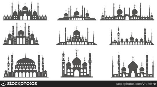 Mosque with minarets silhouettes. Islamic architecture set on skyline. Istanbul cityscape isolated on white background. Mosque with minarets silhouettes. Islamic architecture set on skyline. Istanbul cityscape isolated on white background.