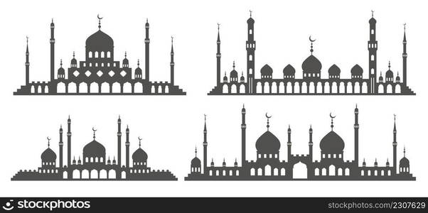 Mosque with minarets silhouettes. Islamic architecture set on skyline. Istanbul cityscape isolated on white background. Mosque with minarets silhouettes. Islamic architecture set on skyline. Istanbul cityscape isolated on white background.