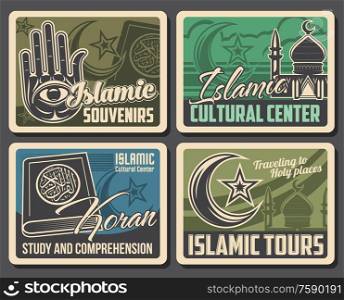 Mosques, muslim Quran, moon and stars vector islam religion posters. Koran holy book, hamsa hand and crescent, dome and minaret mosque tower posters. Arabian culture and religion. Muslim mosque, Quran, Hamsa hand. Islam religion