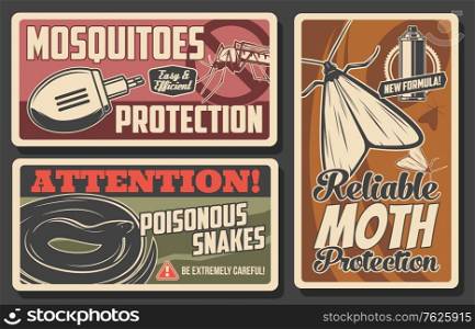 Mosquito and moth protection, snakes danger vector signs. Disinsection repellents for insects and poisonous serpents health protection. Mosquito, moth fumigation tool electric repellent, retro posters. Mosquito and moth protection, snakes danger signs