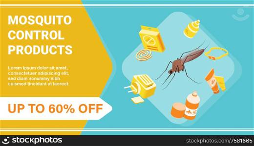 Mosquito control products poster with discount symbols isometric vector illustration