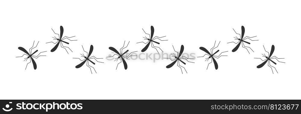 Mosquito malaria silhouette. Li≠of flying mosquitoes in§s. Vector illustration isolated on white. 
