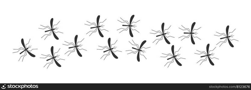 Mosquito malaria silhouette. Line of flying mosquitoes insects. Vector illustration isolated on white. 