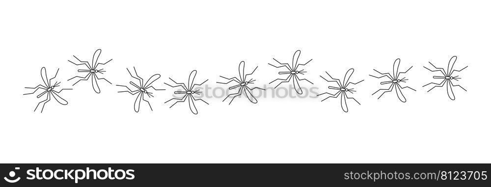 Mosquito malaria silhouette. Line of flying mosquitoes insects. Vector illustration isolated on white. 
