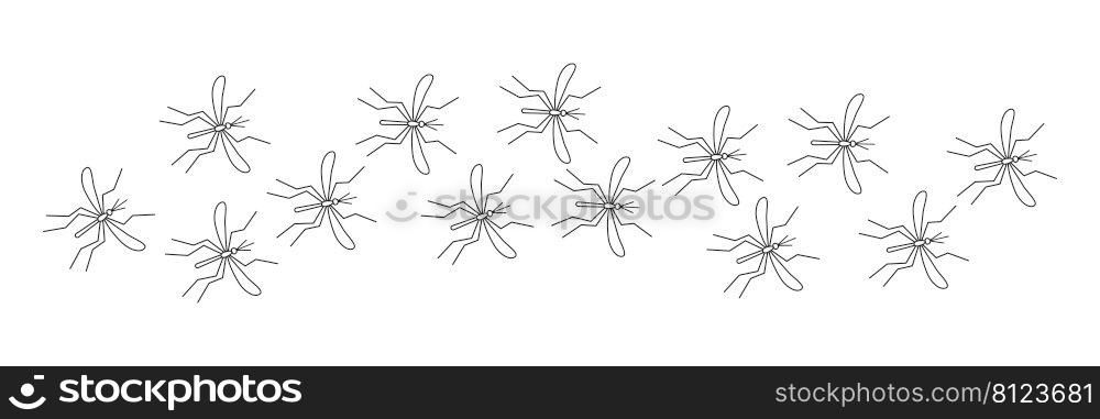 Mosquito malaria trail. Line of flying mosquitoes outline insects. Vector illustration isolated on white. 