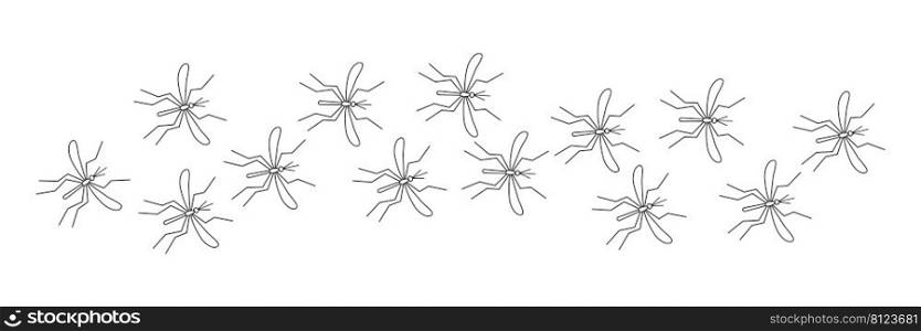 Mosquito malaria trail. Line of flying mosquitoes outline insects. Vector illustration isolated on white. 
