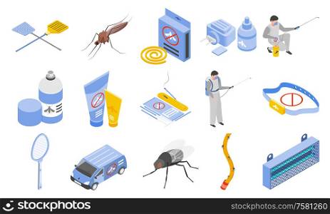 Mosquito protection icons set with insect repellents symbols isometric isolated vector illustration