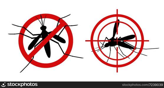 Mosquito warning signs. Informational red prohibited mosquito target, control insect, prevent epidemic, signaling stop gnat. vector black silhouette set. Mosquito warning signs. Informational red prohibited mosquito target, control insect, prevent epidemic, signaling stop gnat. vector set
