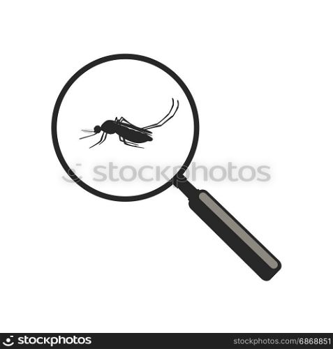 Mosquito with magnifier.. Mosquito silhouette with magnifier in flat style. Vector illustration insect.