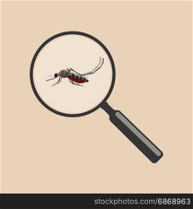 Mosquito with magnifier.. Mosquito with magnifier in flat style. Vector illustration insect.