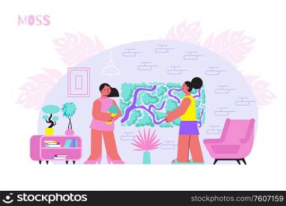 Moss decorative stabilized flat composition with indoor scenery and home plant on wall with human characters vector illustration