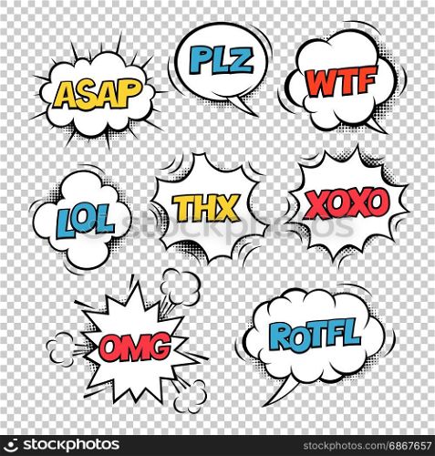 Most common used internet acronyms on comics style colorful speech bubbles. On transparent background