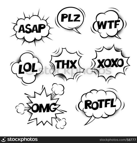 Most common used internet acronyms on comics style monochrome (black & white) speech bubbles.