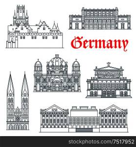 Most popular tourist attractions of german architecture icon with linear symbols of Berlin Cathedral and Alte Oper concert hall, St. Peter Cathedral and Marienburg Castle, Pergamon and Kunsthalle Museums. Travel design usage. German architectural landmarks icon in thin lines