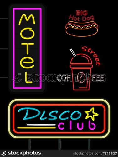 Motel and disco club, set of neon signs, big hot dog and street coffee, cup with hot beverage and straw, vector illustration isolated on black. Motel and Disco Club Set Neon Vector Illustration