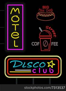 Motel and disco club, set of neon signs, big hot dog and street coffee, cup with hot beverage and straw, vector illustration isolated on black. Motel and Disco Club Set Neon Vector Illustration
