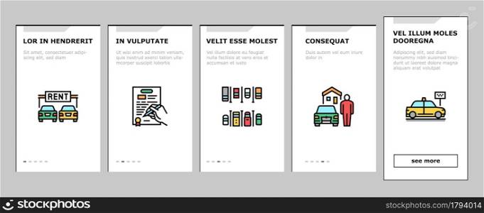 Motel Comfort Service Onboarding Mobile App Page Screen Vector. Motel Building And Houses, Hotel Room With Bed And Wardrobe, Wifi Internet And Tv Illustrations. Motel Comfort Service Onboarding Icons Set Vector