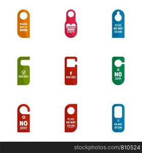 Motel door tag icon set. Flat set of 9 motel door tag vector icons for web design. Motel door tag icon set, flat style