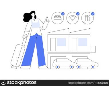 Motel service abstract concept vector illustration. Highway motel, bed and breakfast service, rooms for rent, place to stay, walk-in hotel, driver inn, short-term accommodation abstract metaphor.. Motel service abstract concept vector illustration.