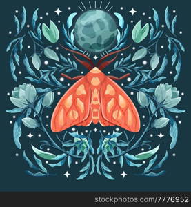 Moth and floral motifs, pattern design in symmetry. Colorful flat vector illustration with moth, flowers, floral elements and stars.