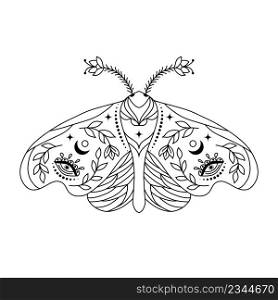 Moth in doodle style on white background. Coloring page for children and adult.