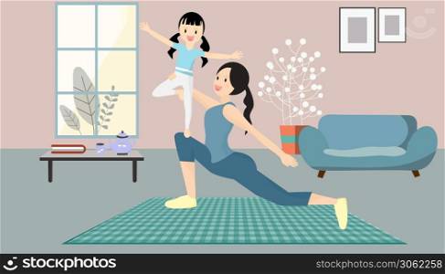Mothe, daughter play yoga. Women and girls doing meditation with exercises in quiet room at home. An awareness campaign for coronavirus prevention. Avoid to the Outside house., Fight Against Covid-19