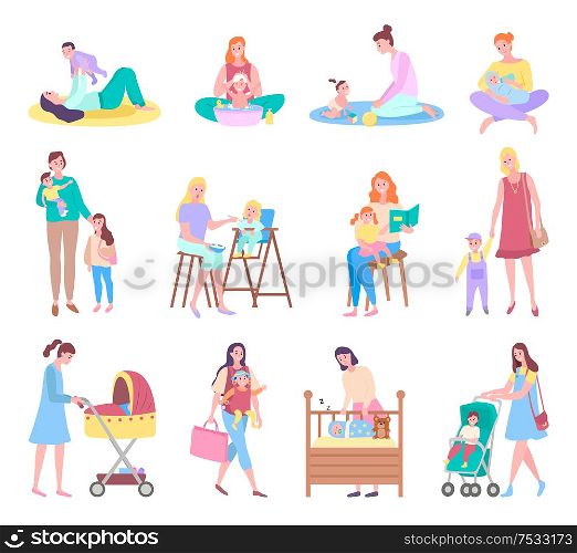 Mother and baby, care and love, motherhood. Woman and child, playing and taking bath, feeding and reading, walk in pram or bed time vector illustrations. Mother and Baby, Care and Love, Motherhood Set