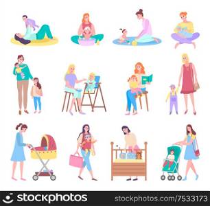 Mother and baby, care and love, motherhood. Woman and child, playing and taking bath, feeding and reading, walk in pram or bed time vector illustrations. Mother and Baby, Care and Love, Motherhood Set