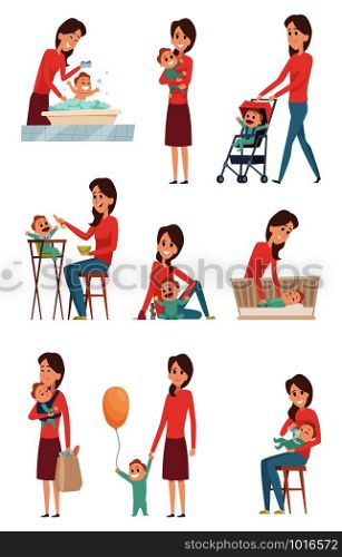 Mother and baby. Happy love kids playing with mother little girl and boy son and daughter vector characters. Illustration of woman together kid. Mother and baby. Happy love kids playing with mother little girl and boy son and daughter vector characters