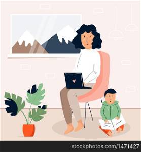 Mother and baby in a living room. Home office, remote work concept. Vector illustration. Mother and baby in a living room. Home office concept.
