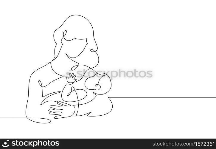 Mother and baby line. Mom hugs child. Motherhood and newborn concept. Happy woman holds toddler continuous one line vector illustration. Parent loving kid, happy mother day design for card. Mother and baby line. Mom hugs child. Motherhood and newborn concept. Happy woman holds toddler continuous one line vector illustration