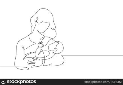 Mother and baby line. Mom hugs child. Motherhood and newborn concept. Happy woman holds toddler continuous one line vector illustration. Parent loving kid, happy mother day design for card. Mother and baby line. Mom hugs child. Motherhood and newborn concept. Happy woman holds toddler continuous one line vector illustration