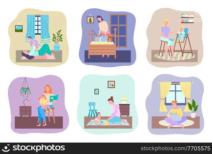 Mother and baby, playing with son lying on floor on carpet, mom looking at sleeping baby in crib, young woman feeding her daughter, mother reading book to girl, playing with toys, feeding from bottle. Mother and baby, care of child, motherhood, parentship, sleeping baby, feeding, reading, playing