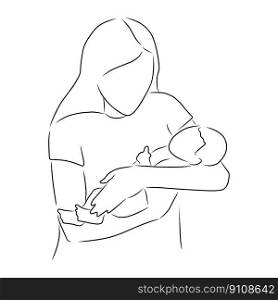 Mother and baby, vector. Hand drawn sketch. A woman is holding a small child in her arms.