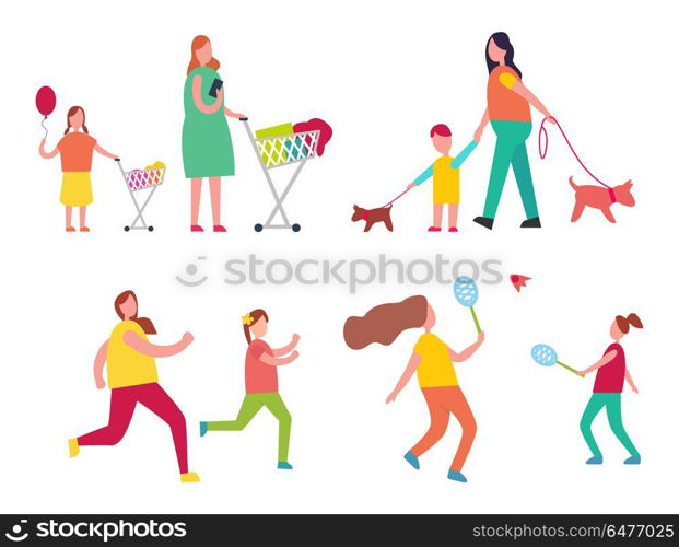 Mother and Child Activities Vector Illustration. Mother and child activities such as shopping together, walking dogs, going in for sport and playing badminton on vector illustration