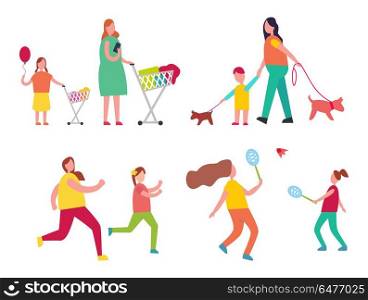 Mother and Child Activities Vector Illustration. Mother and child activities such as shopping together, walking dogs, going in for sport and playing badminton on vector illustration