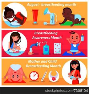 Mother and child breastfeeding month in august mothers and their eating children, clock thermometer red cream, varied bottles open tap, soap and towel. Mother and Child Breastfeeding Month in August