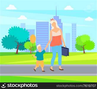 Mother and child cartoon style people walking in city park. Vector boy with air balloon and woman with briefcase, motherhood concept, mom and son. Mother and Child Cartoon People Walk in City Park