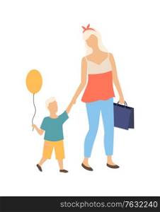 Mother and child coming back from school isolated cartoon people. Vector boy with air balloon and woman with briefcase, motherhood concept, mom and son. Mother and Child Coming Back from School Isolated