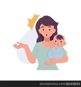 mother and child concept. mother is carrying baby on her arm notice something. vector illustration