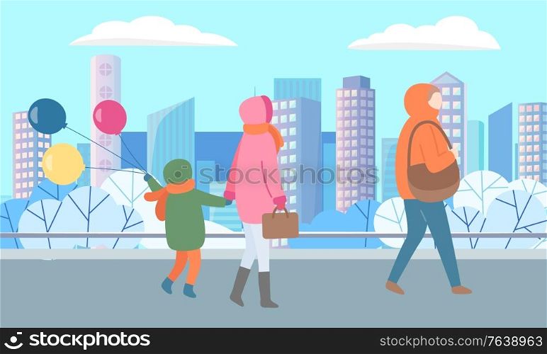 Mother and child holding balloons walking in city vector, winter cityscape with skyscrapers and frozen ground. Street with personage carrying handbag illustration in flat style design for web, print. People in City, Woman with Kid Holding Balloons