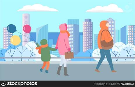 Mother and child holding balloons walking in city vector, winter cityscape with skyscrapers and frozen ground. Street with personage carrying handbag illustration in flat style design for web, print. People in City, Woman with Kid Holding Balloons