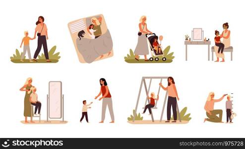 Mother and child. Mom play with daughter and son, motherhood love and happy kids. Parenting relationship, mom support kids. Isolated vector illustration icons set. Mother and child. Mom play with daughter and son, motherhood love and happy kids vector illustration set