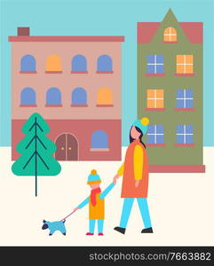 Mother and child strolling in park in winter. Town vector buildings, cityscape on background. Woman with her kid in warm clothes like overcoat, scarf and hat. People walking with little dog on leash. Mother and Child Walking Together, City Buildings