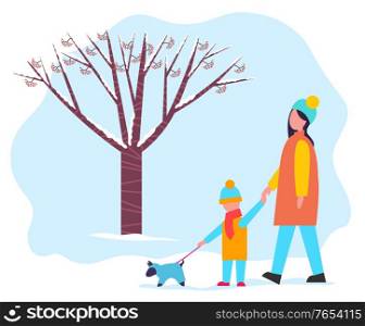 Mother and child strolling in winter park or forest. Woman with her kid in warm clothes like overcoat, scarf and hat. People walking with little dog in clothing on leash. Vector illustration in flat. Mother and Child Walking Together, Winter Weather
