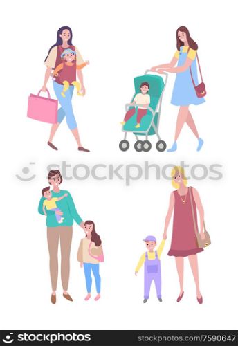Mother and child vector, woman walking with kid daughter and son flat style. Lady with perambulator pram, mom with toddler boy motherhood childcare. Baby with Mother, Woman Walking with Son Daughter