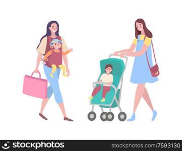 Mother and child vector, woman walking with kid isolated. Infant in perambulator, boy son and lady, motherhood and childhood, person with toddler. Woman Walking with Kid Sitting in Perambulator