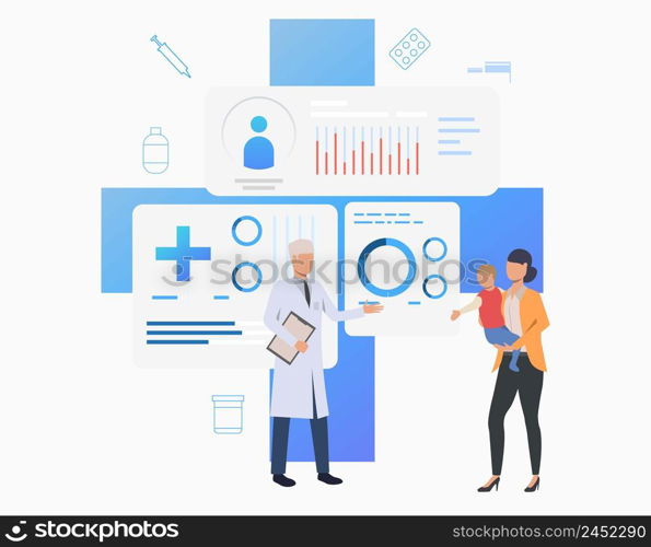 Mother and child visiting doctor vector illustration. Medical record, healthcare, health check. Family health concept. Creative design for layouts, web pages, banners