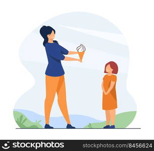 Mother and child walking in park. Mom giving ice cream to daughter kid. Flat vector illustration. Family activities, leisure time together concept for banner, website design or landing web page